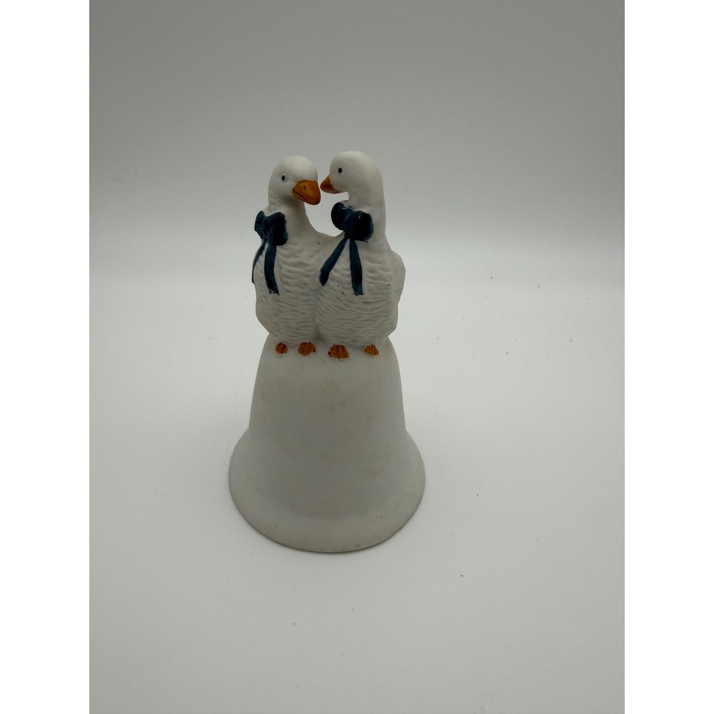Vintage Ceramic Goose Bell Figurine White Geese Blue Bows Country Decor